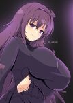  1girl absurdres breasts cosplay dress hex_maniac_(pokemon) highres large_breasts lughostin murasaki_(senran_kagura) pokemon purple_background purple_dress purple_eyes purple_hair senran_kagura senran_kagura_estival_versus 