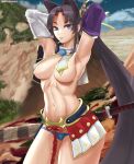  1girl absurdres arcsinge armor armpits arms_behind_head arms_up asymmetrical_sleeves black_hair blue_eyes blue_panties blurry blurry_background breast_curtains breasts commentary detached_sleeves english_commentary fate/grand_order fate_(series) feather_hair_ornament feathers hair_ornament hat highres japanese_armor katana kusazuri long_hair looking_at_viewer medium_breasts mismatched_sleeves navel open_mouth panties parted_bangs pom_pom_(clothes) purple_sleeves revealing_clothes sheath sheathed shoulder_armor side_ponytail sode solo sword tate_eboshi underwear ushiwakamaru_(fate) very_long_hair weapon white_sleeves 