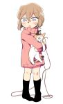  1girl animal black_socks blush brown_hair calico cat commentary english_commentary full_body haibara_ai hair_between_eyes holding holding_animal holding_cat long_sleeves looking_at_viewer meitantei_conan oneroom-disco open_mouth pink_sweater purple_eyes short_hair socks solo standing sweatdrop sweater white_background 