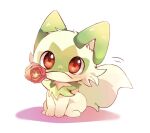  1other animal_focus flower flower_in_mouth green_fur no_humans pokemon pokemon_(creature) red_eyes red_flower sprigatito white_background yupo_0322 