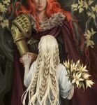  1boy 1girl blonde_hair bouquet braid brother_and_sister brown_dress cloak dress elden_ring flower fur_collar gold_armor height_difference highres holding holding_bouquet holding_hands lily_(flower) long_hair malenia_blade_of_miquella miquella_(elden_ring) mispellaneous multiple_braids multiple_scars prosthesis prosthetic_arm red_cloak red_hair robe scar siblings tree twins white_robe yellow_leaves 