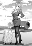  1girl aircraft airplane blunt_bangs breasts cleavage cloud commentary_request day employee_uniform flight_attendant full_body garrison_cap go-toubun_no_hanayome greyscale hand_on_own_hip hat high_heels high_ponytail highres holding holding_suitcase kosmos_beta large_breasts long_hair long_sleeves looking_at_viewer monochrome nakano_nino outdoors pantyhose pencil_skirt ponytail rolling_suitcase scarf shirt sidelocks skirt skirt_suit sky smile solo standing suit suitcase travel_attendant uniform 