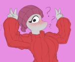  5_fingers absurd_res anthro ather_os beanie blush breasts clothed clothing dinosaur erin_(snoot_game) female fingers gesture hat headgear headwear hi_res looking_at_viewer question_mark reptile scalie simple_background snoot_game solo sweater topwear v_sign 