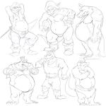  2013 anthro belly belt big_belly bottomwear canson cape claws clothed clothing crocodilian crossed_arms crown donkey_kong_(series) donkey_kong_64 fangs group hand_on_stomach headgear hi_res k_lumsy king_k._rool kludge kremling krusha loincloth male melee_weapon mostly_nude mouth_closed navel nintendo nipple_piercing nipples open_mouth piercing pirate_hat reptile scales scalie shirt shorts side_view sketch skull_helmet standing sword tank_top teeth thong toe_claws topwear underwear weapon 