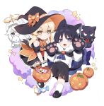  1boy 2girls animal_ear_fluff animal_ears animal_hands black_cat black_hair blonde_hair bow candy cape cat closed_mouth dress fang food fur_trim genshin_impact ghost_costume gloves grin hair_between_eyes halloween halloween_bucket halloween_costume halo hat highres holding lumine_(genshin_impact) ming4 multiple_girls open_mouth orange_eyes paimon_(genshin_impact) paw_gloves scaramouche_(cat)_(genshin_impact) scaramouche_(genshin_impact) shirt short_hair_with_long_locks shorts smile star_(symbol) striped striped_thighhighs tail thighhighs white_shirt witch_hat 