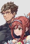  1boy 1girl aged_up bare_shoulders brown_hair chest_jewel core_crystal_(xenoblade) criss-cross_halter detached_sleeves driftingtiger facial_hair father_and_daughter glimmer_(xenoblade) halterneck height_difference high_ponytail highres japanese_clothes long_hair muscular muscular_male nervous_smile ponytail red_hair rex_(xenoblade) scar scar_across_eye short_hair sideburns smile spiked_hair swept_bangs xenoblade_chronicles_(series) xenoblade_chronicles_2 xenoblade_chronicles_3 xenoblade_chronicles_3:_future_redeemed 