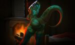  absurd_res anthro argonian bed bedroom bethesda_softworks big_breasts big_butt breasts butt clothing collaris curvy_figure female fireplace furniture green_body green_eyes green_scales hi_res horn huge_breasts huge_butt legwear maid_uniform mostly_nude non-mammal_breasts scales scalie solo straps tail the_elder_scrolls thick_tail thick_thighs thigh_highs undressing uniform 