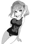  1girl bare_legs bare_shoulders barefoot closed_mouth collarbone flat_cap greyscale hair_bobbles hair_ornament hat kawashiro_nitori looking_at_viewer monochrome one-piece_swimsuit onkn_sxkn short_hair simple_background smile solo swimsuit touhou two_side_up white_background 