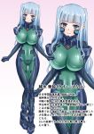  1girl absurdres bodysuit boots breasts character_profile commentary_request commission covered_navel fortified_suit headgear highres impossible_bodysuit impossible_clothes kikore_suke large_breasts muvluv original sidelocks skeb_commission solo translation_request two-tone_bodysuit two_side_up 