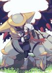  1girl akari_(pokemon) berry_(pokemon) blue_eyes blue_hair commentary_request day elica_dayo giratina head_scarf highres long_hair outdoors pokemon pokemon_(creature) pokemon_(game) pokemon_legends:_arceus red_scarf scarf sidelocks smile wings 