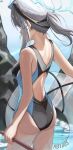  1girl absurdres ass bare_arms bare_legs bare_shoulders blue_archive blue_halo breasts cowboy_shot cross_hair_ornament hair_ornament halo highres innertube medium_breasts niokai official_alternate_costume one-piece_swimsuit ponytail shiroko_(blue_archive) shiroko_(swimsuit)_(blue_archive) signature solo swimsuit 