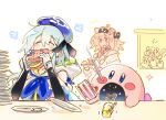  1boy 1other 2girls ^^^ arknights beret black_ribbon blue_eyes blue_hair blue_headwear blush blush_stickers burger cake closed_eyes doctor_(arknights) drink eating food frying_pan gloves goldenglow_(arknights) gummy_(arknights) hair_between_eyes happy hat hat_ribbon highres holding holding_food kirby kirby_(series) mizuki_(arknights) multiple_girls open_mouth pink_hair plate plate_stack ribbon short_hair_with_long_locks simple_background wed_(lim38869577) white_background white_gloves 