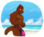  anthro areola balls big_penis blue_eyes blush brown_body countershade_torso countershading dante_(poppin) exclamation_point genitals male muscular muscular_anthro muscular_male nipples pecs penis poppin scalie solo tail 