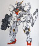  assault_visor clenched_hand eclogue.566 full_body gun gundam gundam_lfrith gundam_suisei_no_majo highres holding holding_gun holding_weapon mecha mobile_suit no_humans original redesign robot traditional_media weapon white_background 