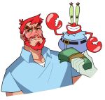  1boy arms_at_sides bara beard blush collared_shirt cropped_torso embarrassed facial_hair highres holding holding_money implied_prostitution looking_to_the_side male_focus male_prostitution mature_male money mr._krabs mustache old old_man pectoral_cleavage pectorals personification reference_sheet revealyoursins shirt short_hair solo spongebob_squarepants v-shaped_eyebrows 
