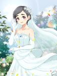  1girl bare_shoulders black_hair breasts collarbone dress earrings elbow_gloves flower gloves hair_flower hair_ornament hand_up highres idolmaster idolmaster_cinderella_girls jewelry lens_flare matsuo_chizuru outdoors purple_eyes short_hair small_breasts solo sonakao standing stud_earrings thick_eyebrows twitter_username veil wedding_dress white_dress white_gloves 