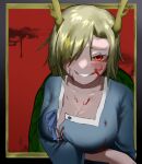  1girl antlers arm_under_breasts blonde_hair blood blood_on_clothes blood_on_face blue_shirt breasts cleavage evil_grin evil_smile grin hair_over_one_eye highres kicchou_yachie large_breasts long_sleeves medium_hair red_eyes sharp_teeth shell shirt smile solo teeth torn_clothes touhou upper_body yagisan1578 