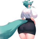  1girl animal_ears ass black_skirt breasts green_hair haru_feng highres huge_breasts large_tail looking_at_viewer original red_eyes short_hair skirt solo tail thick_thighs thighs white_background wolf_ears wolf_girl wolf_tail 