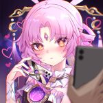  1girl bare_shoulders blush bow-shaped_hair cellphone dress embarrassed fingernails forehead_jewel fu_xuan_(honkai:_star_rail) hair_ornament hair_stick heart highres holding holding_phone honkai:_star_rail honkai_(series) hypnosis jewelry long_hair looking_at_viewer low_twintails mind_control parted_bangs parted_lips phone pink_hair pink_nails pink_tassel pov pov_hands smartphone solo_focus sweat tassel tassel_hair_ornament twintails upper_body very_long_hair xiao_xiao_chuan yellow_eyes 