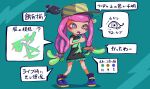  1girl afuron bangle baseball_cap black_shirt blue_background blue_footwear blue_outline blunt_bangs boots bracelet commentary_request drooling fish flat_chest full_body gradient_hair green_eyes green_hair green_skirt hand_up harmony&#039;s_clownfish_(splatoon) harmony_(splatoon) hat highres jewelry legs long_hair looking_to_the_side miniskirt multicolored_hair open_mouth outline pigeon-toed pink_hair pleated_skirt purple_pupils shirt short_sleeves sidelocks simple_background skirt solo_focus speech_bubble splatoon_(series) splatoon_3 standing striped striped_headwear talking tentacle_hair tentacles thumbs_up translation_request two-tone_hair very_long_hair white_outline yellow_headwear 