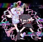  2girls 3mia_hadi3 absurdly_long_hair ame-chan_(needy_girl_overdose) angel_and_devil angel_wings arms_up bandaged_wrist bandages bandaid bandaid_on_leg black_background black_eyes black_hair black_leg_warmers black_shirt blonde_hair blue_eyes blue_hair blue_serafuku bow bowtie bright_pupils chouzetsusaikawa_tenshi-chan commentary demon_wings diagonal_bangs drooling dual_persona english_commentary full_body glitch gloom_(expression) gradient_hair hair_ornament hair_over_one_eye hands_up holding_own_hair iridescent leaning_forward leg_warmers legs_apart long_hair looking_at_another looking_at_viewer low_wings mouth_drool multicolored_hair multiple_girls needy_girl_overdose no_pupils open_mouth outline pink_hair pink_outline platform_footwear pleated_skirt pointy_ears purple_hair quad_tails school_uniform self-harm_scar serafuku shaded_face shirt skirt smile sparkle standing suspender_skirt suspenders tearing_up too_many_bandaids tsurime twintails very_long_hair white_pupils wings x_hair_ornament yellow_bow yellow_bowtie 