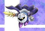  1boy armor cape galaxia_(sword) gloves holding holding_sword holding_weapon kicdon kirby_(series) male_focus mask meta_knight no_humans pauldrons shoulder_armor solo super_smash_bros. sword weapon white_gloves yellow_eyes 