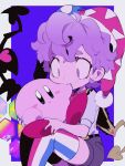  1boy a_(poipiku_325815) biting blue_eyes closed_mouth commentary_request hat holding jester_cap kirby kirby_(series) looking_at_another marx_(kirby) personification purple_hair purple_shorts shirt short_hair shorts sitting striped striped_thighhighs thighhighs white_shirt wings 