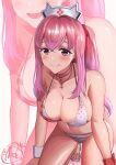  1girl artxeku bare_shoulders beach bikini blurry breasts choker cleavage closed_mouth cloud collarbone day goddess_of_victory:_nikke hair_between_eyes hat highres large_breasts long_hair navel nurse_cap open_mouth pepper_(nikke) pepper_(ocean_vitamin)_(nikke) pink_eyes pink_hair polka_dot polka_dot_bikini seiza side_ponytail sidelocks sitting smile solo swimsuit white_bikini white_footwear white_headwear zoom_layer 