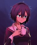  1girl black_hair black_necktie black_sweater breasts chair close-up commentary cup dark dress_shirt drinking english_commentary frown hair_between_eyes hair_ornament highres holding holding_cup ikari_shinji light_frown long_sleeves looking_ahead marvel medium_breasts meme mug necktie neon_genesis_evangelion on_chair parody peni_parker purple_eyes scene_reference school_uniform scrapy shinji_holding_a_mug_(meme) shirt short_hair solo spider-man:_across_the_spider-verse spider-man_(series) sweater upper_body v-shaped_eyebrows white_shirt x_hair_ornament 