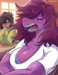  &lt;3 &lt;3_eyes anthro blush breasts brown_hair classroom cleavage clothed clothing deltarune desk duo eyes_closed female furniture green_clothing green_shirt green_topwear hair hi_res human kris_(deltarune) long_hair male mammal open_mouth purple_body purple_hair purple_skin reptile scalie school school_desk sharp_teeth shirt simple_background susie_(deltarune) table teeth thedarkzircon topwear undertale_(series) white_clothing white_shirt white_topwear yawn 