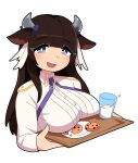  1girl absurdres animal_ears azur_lane breasts brown_hair chocolate_chip_cookie cookie cow_ears cow_horns food highres holding holding_tray horns kashino_(azur_lane) large_breasts long_hair looking_at_viewer military_uniform milk pancake-hime plate purple_eyes tray uniform upper_body white_background 