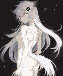  1girl absurdres animal_ears arknights ass black_background breasts completely_nude highres itonatsu lappland_(arknights) long_hair looking_back multiple_scars nipples nude scar scar_on_face simple_background solo tail white_hair wolf_ears wolf_girl wolf_tail 