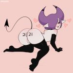  1:1 absurd_res anus body_writing breasts butt demon demon_humanoid female genitals hair hair_over_eye hi_res humanoid not_furry one_eye_obstructed purple_hair pussy sataenart solo spade_tail tail thick_thighs 