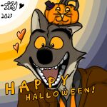  &lt;3 anthro canid canine canis clothing costume dreamworks excited food fruit grin halloween happy holidays looking_at_viewer male mammal mr._wolf_(the_bad_guys) plant pumpkin skylinesouth2023 smile solo the_bad_guys wolf 
