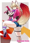  amber_(space_leaper) anthro big_breasts blue_clothing breasts canid canine clothed clothing female fishnet gun hi_res jacket looking_at_viewer mammal one_eye_closed pink_clothing ranged_weapon sindoll solo space_leaper:cocoon topwear weapon wink winking_at_viewer 