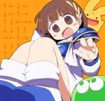  1girl arle_nadja armor armored_dress blob blue_footwear blush_stickers breastplate brown_eyes brown_hair carbuncle_(puyopuyo) creature dokan_(dkn) madou_monogatari open_mouth orange_background puyo_(puyopuyo) puyopuyo shoulder_armor sitting solo_focus sweatdrop 