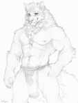  abs anthro bottomwear canid canine canis clothing fur fur_tuft hi_res line_art loincloth loincloth_only male mammal monochrome muscular pecs simple_background sketch solo tuft white_background wolf zephyr_(artist) 