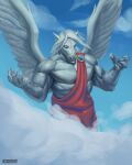  2023 absurd_res anthro biceps buckovskiart clothed clothing cloud day digital_media_(artwork) equid equine feathered_wings feathers fur grey_body grey_fur hi_res male mammal muscular muscular_anthro muscular_male pecs pegasus sky solo toga vein veiny_muscles wings 