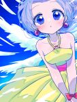  1girl bare_shoulders blue_eyes blue_sky blush bow cloud collarbone dress earrings eyelashes highres jewelry leaning_forward moe_(pop&#039;n_music) parted_hair parted_lips pop&#039;n_music purple_hair red_bow rozimechicka_01 sky solo sparkling_eyes wrist_bow yellow_dress 