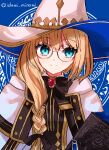  1girl blonde_hair blue_eyes book bow bowtie braid commentary_request fate/grand_order fate_(series) glasses hair_between_eyes hat highres izumi_minami long_hair smile solo tonelico_(fate) twitter_username upper_body watermark witch_hat 