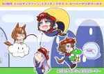  &gt;_&lt; 4girls :i absurdres animal_ears aonoji aqua_eyes blue_overalls blunt_bangs boo_(mario) braid braided_ponytail brown_footwear brown_hair cabbie_hat cape cape_mario character_name chibi commentary_request copyright_name cosplay covering_own_eyes creature crossover ear_ornament ears_through_headwear facing_up fishing_rod flying glasses gloves hat highres holding holding_creature holding_fishing_rod horse_ears horse_girl horse_tail ikuno_dictus_(umamusume) lakitu lakitu_(cosplay) light_brown_hair long_hair long_sleeves mario mario_(cosplay) mario_(series) mejiro_mcqueen_(umamusume) mejiro_palmer_(umamusume) mejiro_ryan_(umamusume) multiple_girls on_cloud overalls parted_bangs purple_hair red_footwear red_headwear red_shirt round_eyewear shirt short_hair single_braid sitting sitting_on_cloud super_mario_world tail translated umamusume wavy_hair white_gloves white_hair yellow_cape yellow_eyes yoshi 