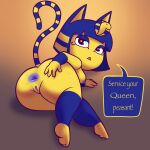  absurd_res animal_crossing ankha_(animal_crossing) anthro anus areola armwear blen_bodega blue_anus blue_hair blue_pussy bodily_fluids butt clothing dialogue domestic_cat dripping_pussy egyptian egyptian_cat egyptian_clothing egyptian_headdress felid feline felis female fur genitals hair hi_res inviting inviting_to_sex legwear mammal markings nintendo on_ground pussy simple_background solo spread_butt spreading striped_markings striped_tail stripes sweat sweaty_butt sweaty_genitalia tail tail_markings yellow_body yellow_fur 