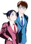  1boy 1girl black_hair blue_eyes blue_necktie blue_suit blush brown_hair colorized derivative_work formal glasses hand_in_pocket highres kimi_wa_houkago_insomnia magari_isaki nakami_ganta necktie ojiro_makoto pink_suit red_necktie short_hair simple_background smile standing suit white_background 