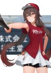  1girl ayul_(ayulneri_92) baseball_bat baseball_cap baseball_uniform black_shorts blush breasts brown_hair commentary genshin_impact grin hat highres hu_tao_(genshin_impact) long_hair looking_at_viewer navel outstretched_arm red_eyes red_headwear red_shirt shirt short_sleeves shorts shorts_under_skirt skirt small_breasts smile solo sportswear symbol-shaped_pupils thighs twintails very_long_hair vision_(genshin_impact) white_skirt 