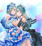  2girls aqua_hair arms_around_neck bang_dream! bare_shoulders black_dress bouquet bridal_veil carrying closed_mouth detached_sleeves dress flower frilled_sleeves frills green_eyes highres idol idol_clothes incest jewelry long_hair looking_at_viewer multiple_girls princess_carry rose short_hair short_sleeves siblings sisters sleeveless sleeveless_dress smile sparkle strapless strapless_dress tiara twincest twins veil wedding_dress white_background white_dress wife_and_wife xin_(blueramen) yuri 