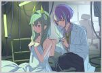  1boy 1girl android bare_arms bed_sheet blush chair close_game/offline_(project_sekai) closed_mouth coat colorful_festival_(project_sekai) green_hair green_necktie hair_flaps kamishiro_rui kusanagi_nene lab_coat laboratory long_hair looking_to_the_side mechanical_ears memel monitor multicolored_hair naked_sheet necktie office_chair project_sekai purple_hair sketch soldering soldering_iron streaked_hair swivel_chair very_long_hair white_coat 