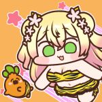  1girl blonde_hair blush breasts cleavage double_bun flower gradient_hair green_eyes hair_bun hair_flower hair_ornament hololive jazz_jack long_hair looking_at_viewer lowres momosuzu_nene multicolored_hair navel nekko_(momosuzu_nene) open_mouth orange_background pink_hair smile two_side_up virtual_youtuber 