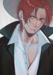  1boy absurdres black_cape cape commentary hat highres male_focus mygiorni one_piece red_hair scar scar_across_eye scar_on_face shanks_(one_piece) shirt short_hair simple_background smile solo straw_hat teeth white_shirt 