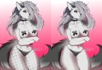 absurd_res anthro arms_crossed_under_breasts breasts canid canid_demon canine clothing collar demon female fishnet fishnet_legwear fluffy fluffy_tail fur hair hellhound helluva_boss hi_res legwear looking_at_viewer loona_(helluva_boss) mammal nipple_tape pasties red_sclera sofit solo tail tape underwear white_body white_fur 
