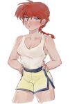  1girl blue_eyes blush braid braided_ponytail breasts closed_mouth highres legs ranma-chan ranma_1/2 red_hair simple_background solo white_background yuigacyako 